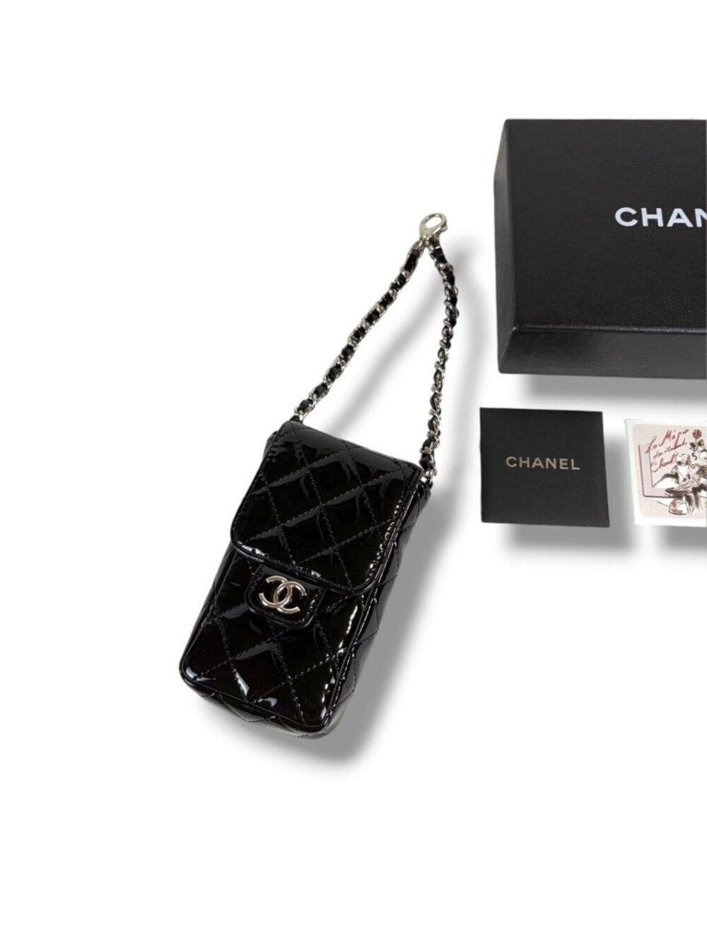 Chanel Quilted Patent Leather Chain Pouch Black
